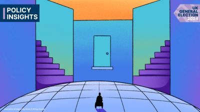 A colourful illustration of a figure in a wheelchair facing two sets of stairs