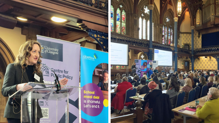 A photo of Morag Treanor speaking at the lectern (left), and a photo of Morag speaking taken from the back of the busy room