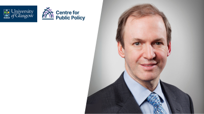A photo of Ken Thomson with the Centre for Public Policy and University of Glasgow logos
