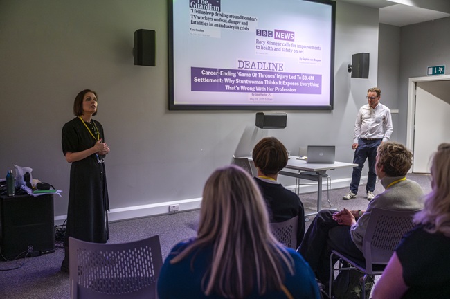 Dr Lisa Kelly, Senior Lecturer in Film & Television Studies , University of Glasgow and Entrepreneurial Lead Samuel Conway at Film City Glasgow launching their new Set Ready Screen programme. Credit Tim Anger