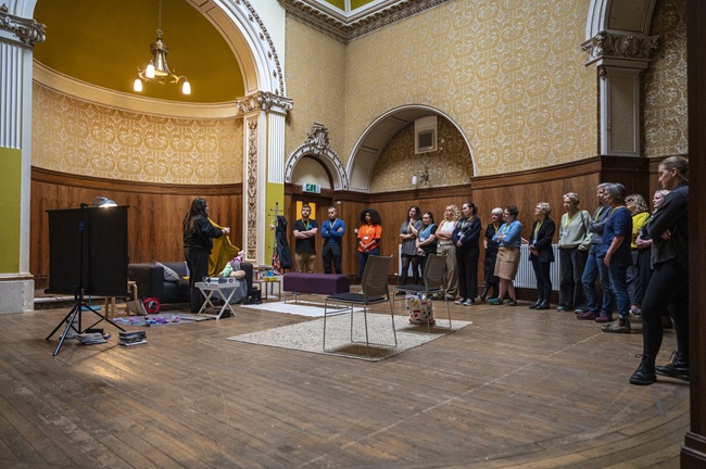 Participants engaged in the final scene of the new immersive safety training programme – Set Ready Safety – at the launch of the pilot programme in Film City Glasgow. Credit Tim Anger