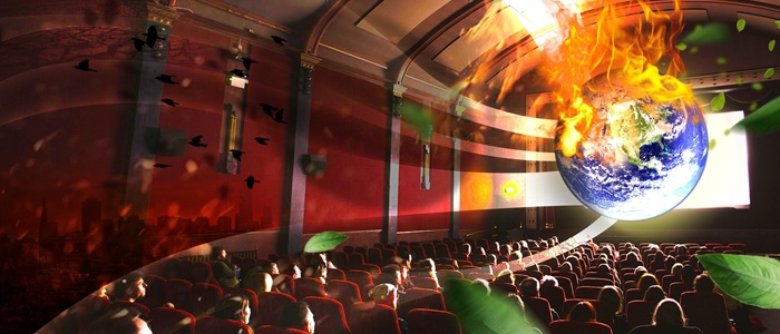 The main image for the Screen Carbon Test which shows an audience in a cinema with leaves and a sun brusting into flames