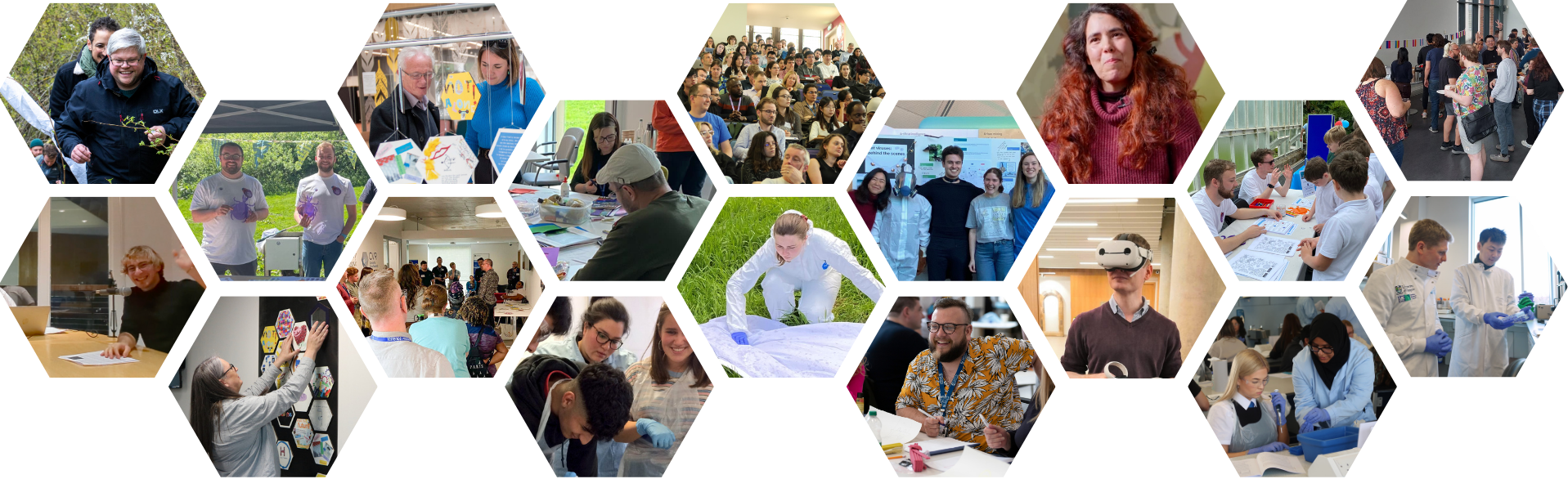 A collage of hexagon-shaped photos showing a wide range of community, education, and science‑related activities.