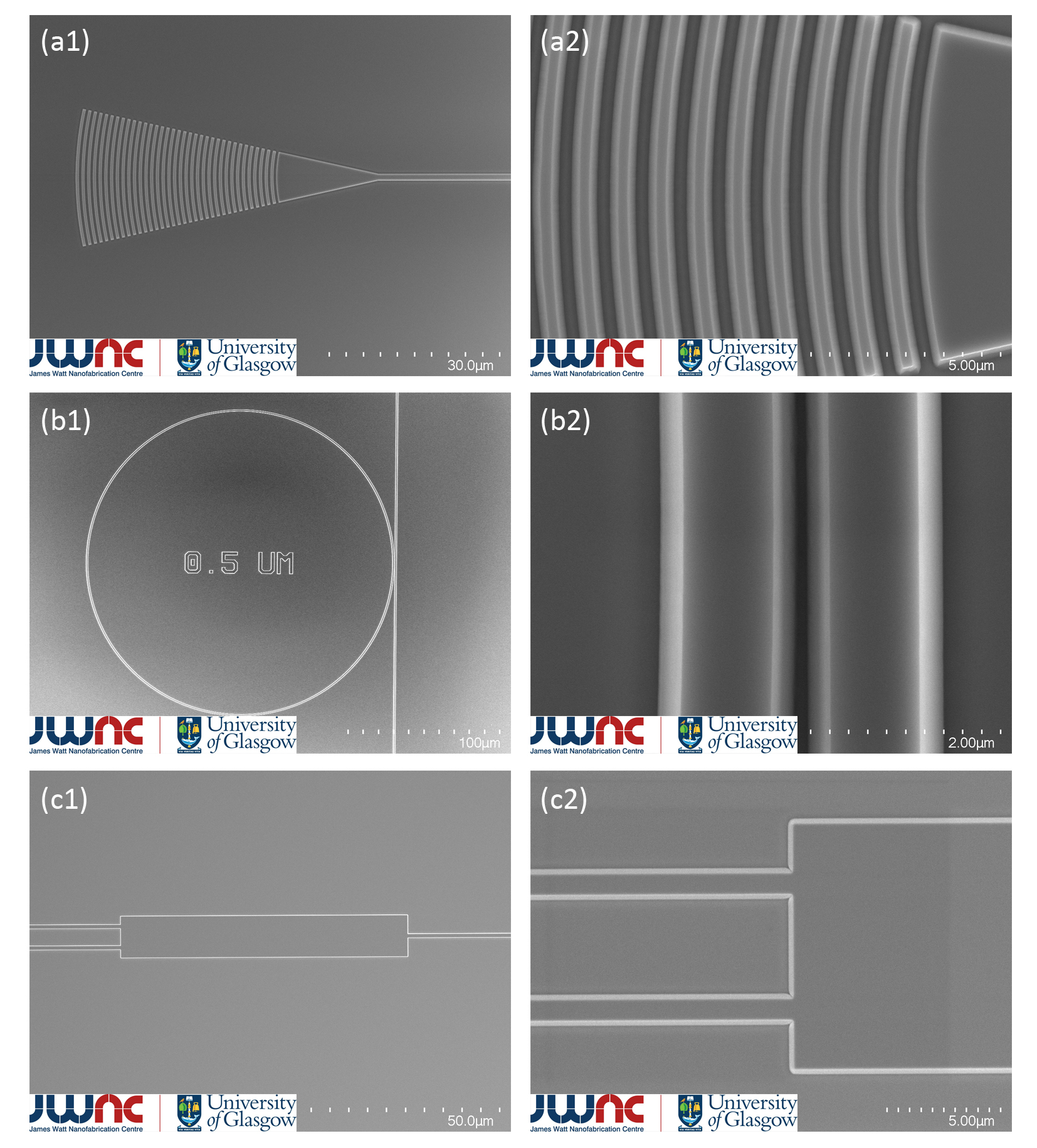 Fig.2, Examples of optical components towards LN PICs, (a1) & (a2) surface grating coupler, (b1) & (b2) micro-ring resonator, the coupling gap is ~500nm, and (c1) & (c2) multi-mode interferometer.