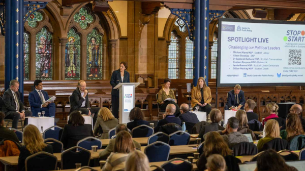 A photo of Professor Kezia Dugdale chairing the UofG Spotlight panel discussion