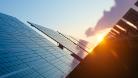 Sunset light glinting off solar panels