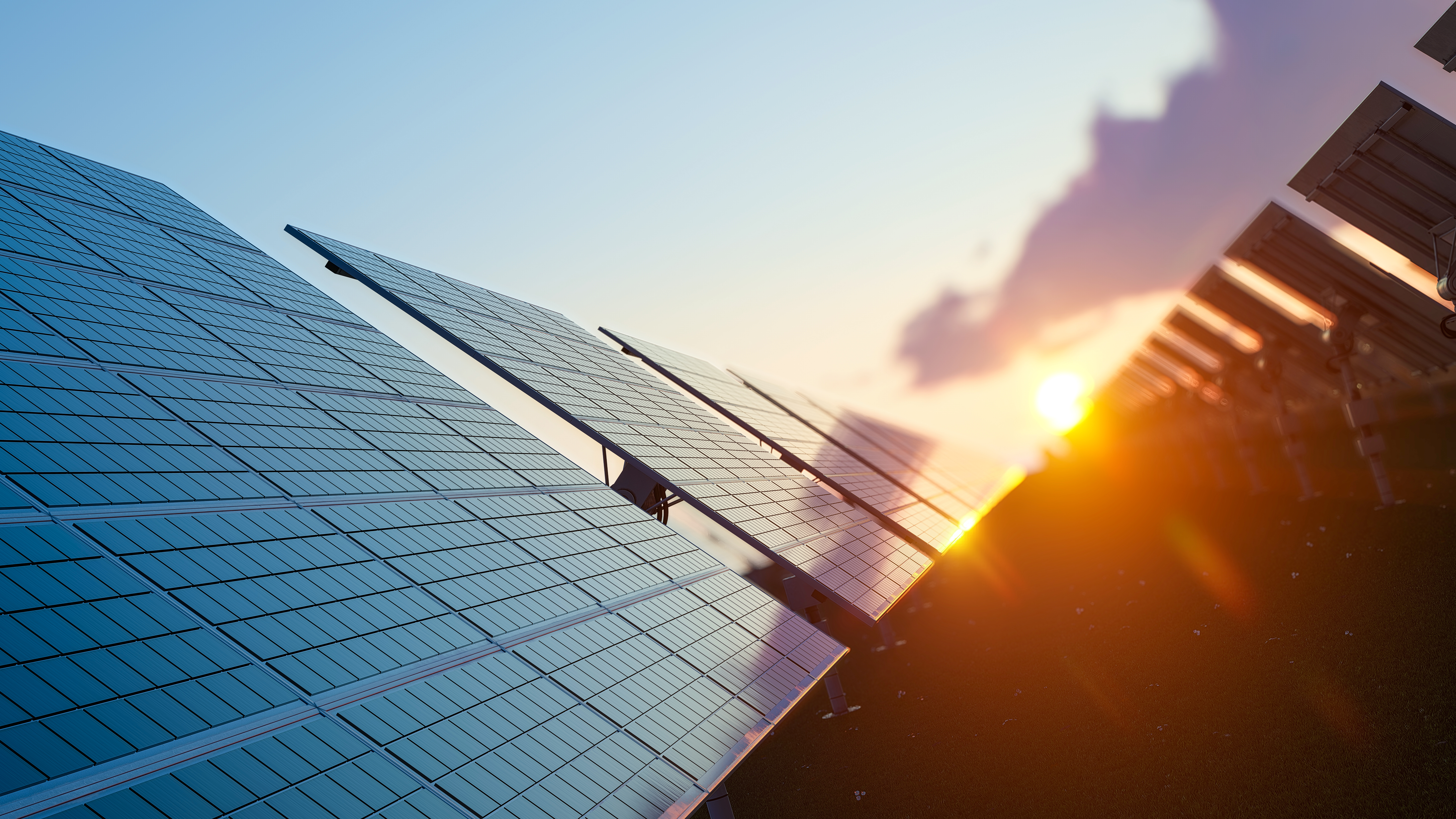 Sunset light glinting off solar panels